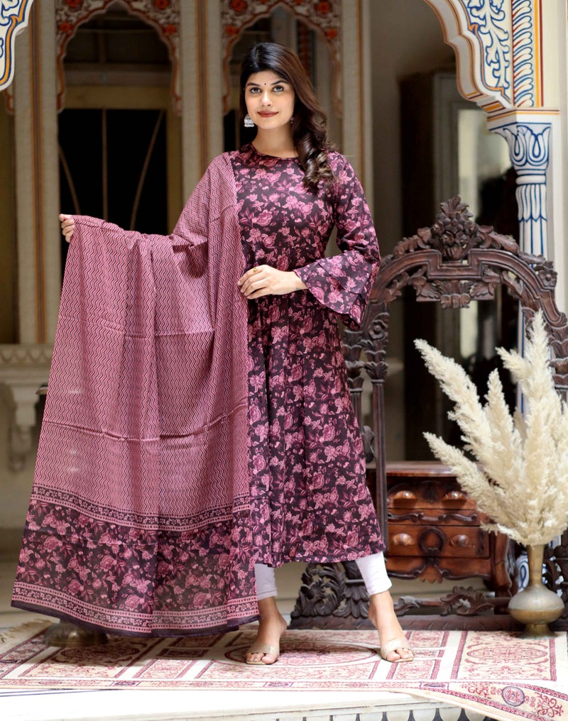 Miravan Maroon Floral Printed Anarkali Kurta with Dupatta for Women - Image 1